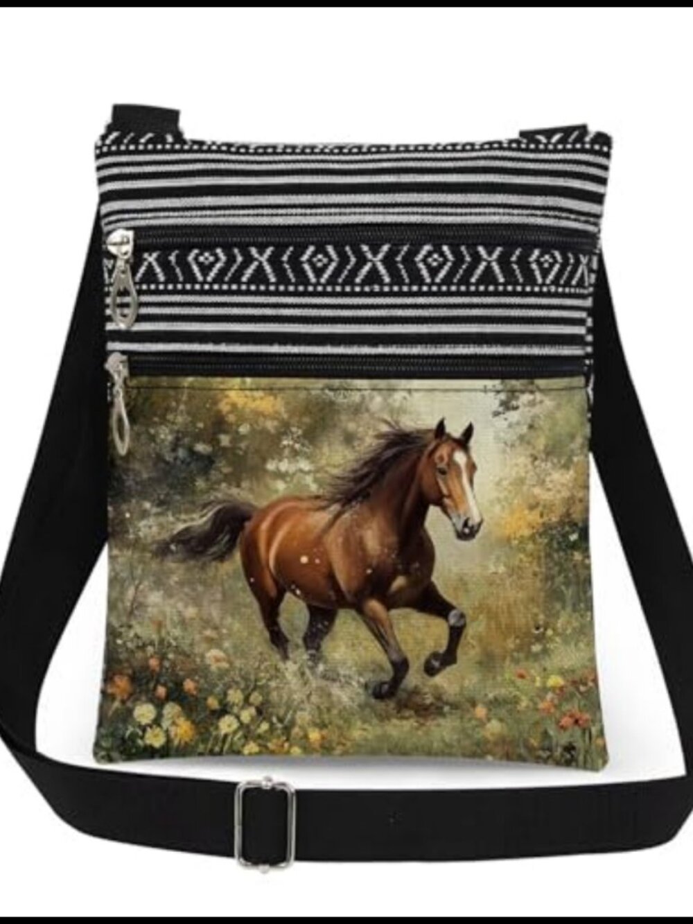 Floral Horse Print Crossbody Bag Polyester Adjustable Strap Purse